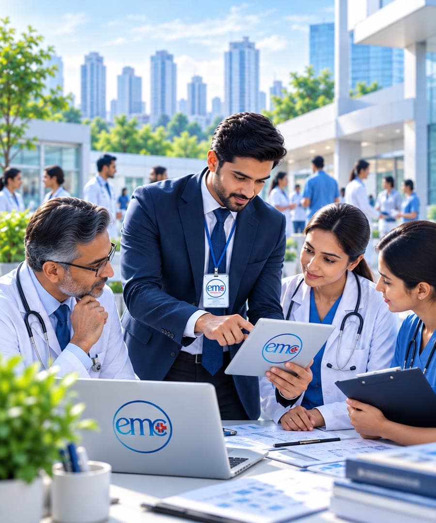 An EMC team member reviewing plans with doctors and nurses on a tablet carrying the EMC logo
