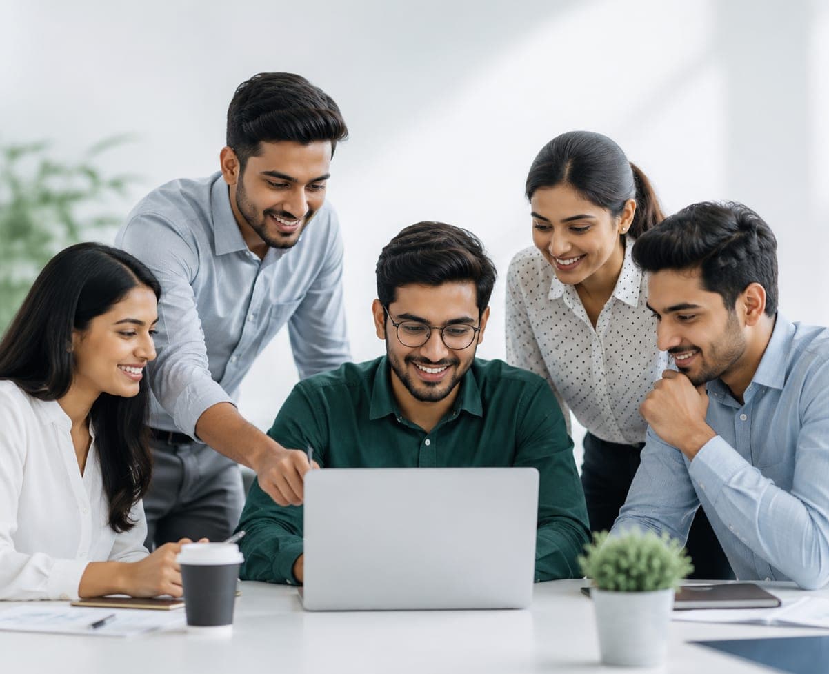 Colleagues gathered around a laptop, discussing their work