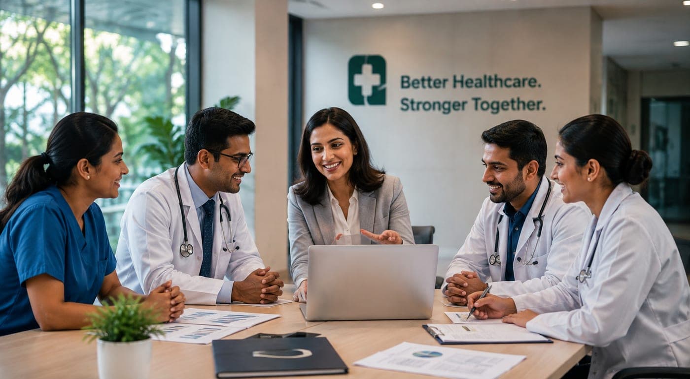 Doctors and healthcare staff in a meeting beneath the words “Better Healthcare. Stronger Together.”