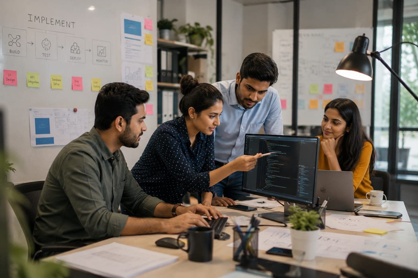A team working through an implementation plan at their desks