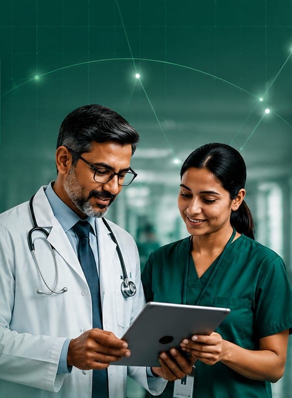 A doctor and a nurse reviewing information on a tablet in a hospital corridor