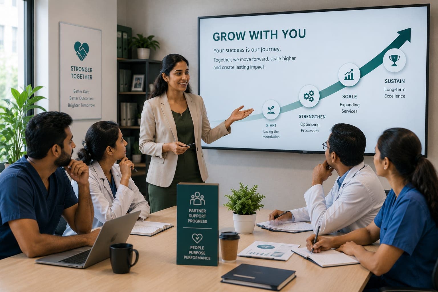 A presenter walking a healthcare team through a growth plan