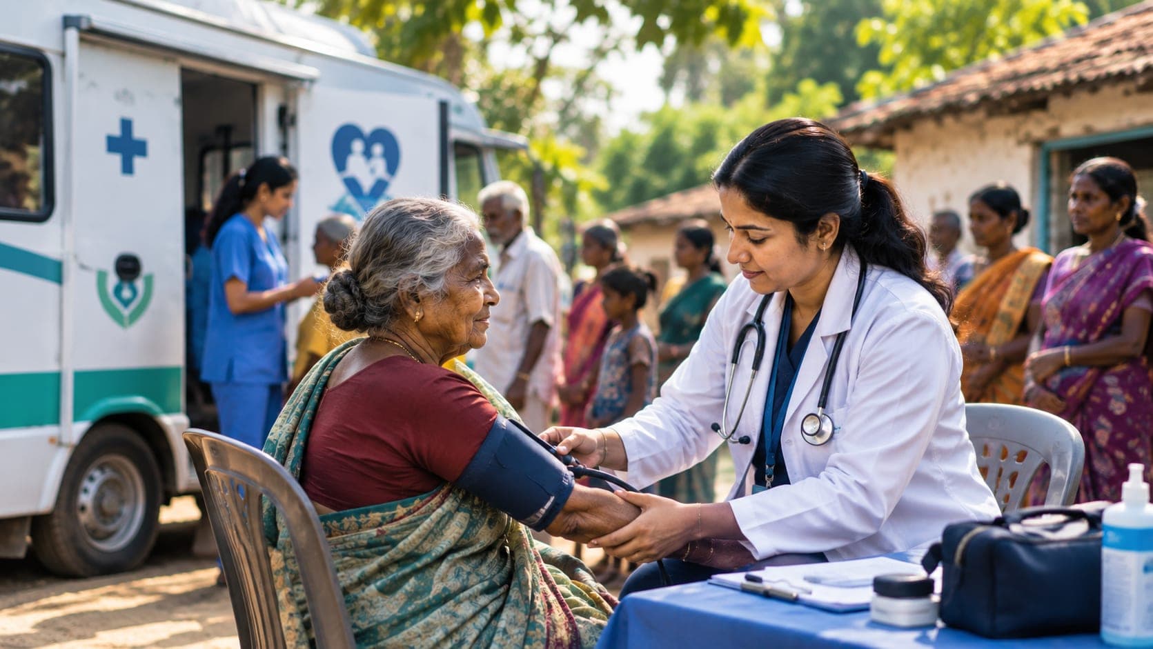 A doctor checking an elderly woman's blood pressure at a community health camp
