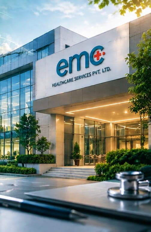 The entrance of a modern building carrying the EMC Healthcare Services Pvt. Ltd. sign