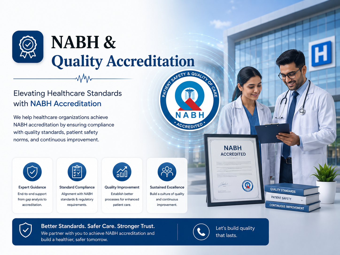 NABH & Quality Accreditation — EMC Healthcare Services consultants reviewing a framed NABH accreditation certificate with hospital staff, gap analysis through assessment readiness support.