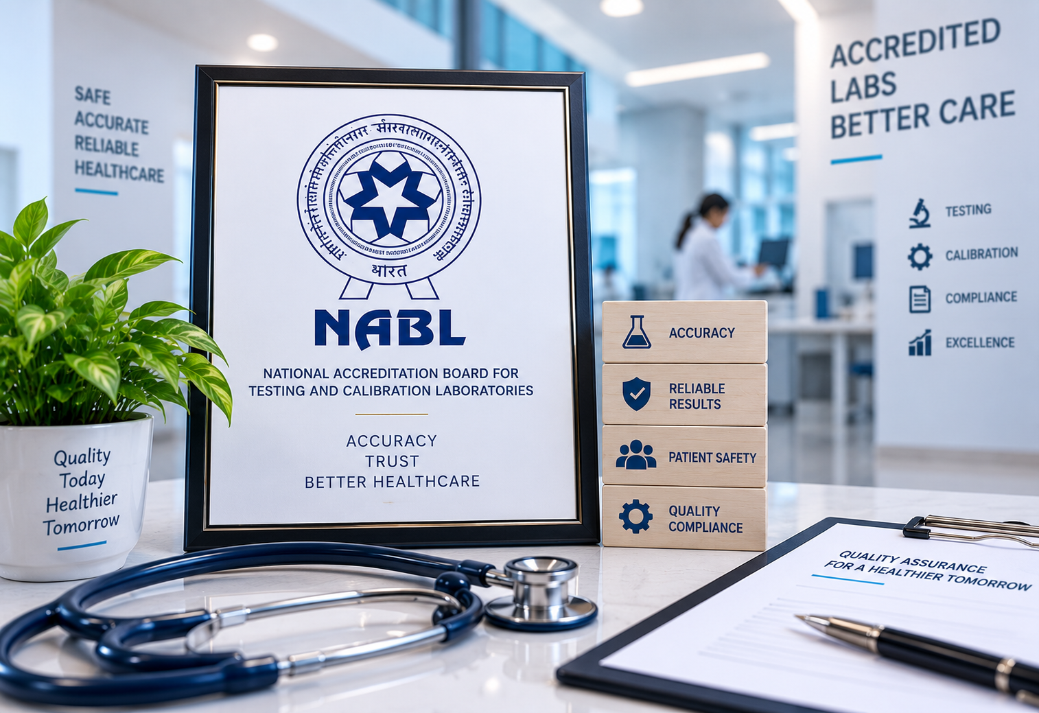 NABL Laboratory Accreditation — a framed NABL (National Accreditation Board for Testing and Calibration Laboratories) certificate beside a stethoscope, covering accuracy, reliable results, patient safety and quality compliance.